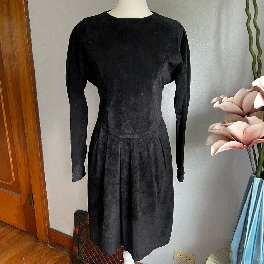 80s Vintage Joanie Char Black Suede Leather‎ Dress Pleated Long Sleeve Women's 6